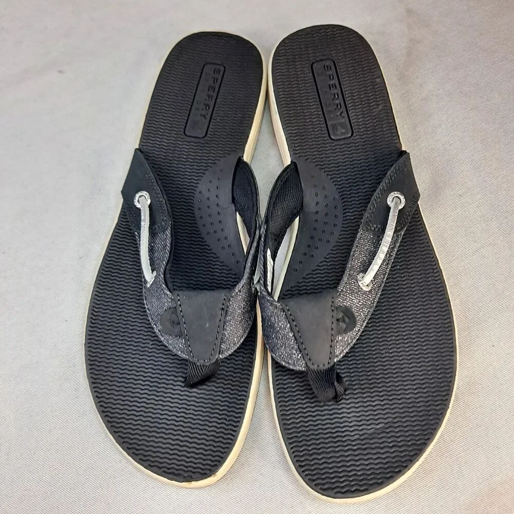 Sperry Seafish Flip Flop STS87295 Womens 10M Black Leather/Fabric Thong Sandals - Picture 5 of 8